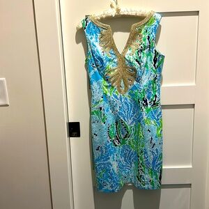 Gorgeous Lilly Pulitzer dress, SZ 2; bright green, turquoise with navy